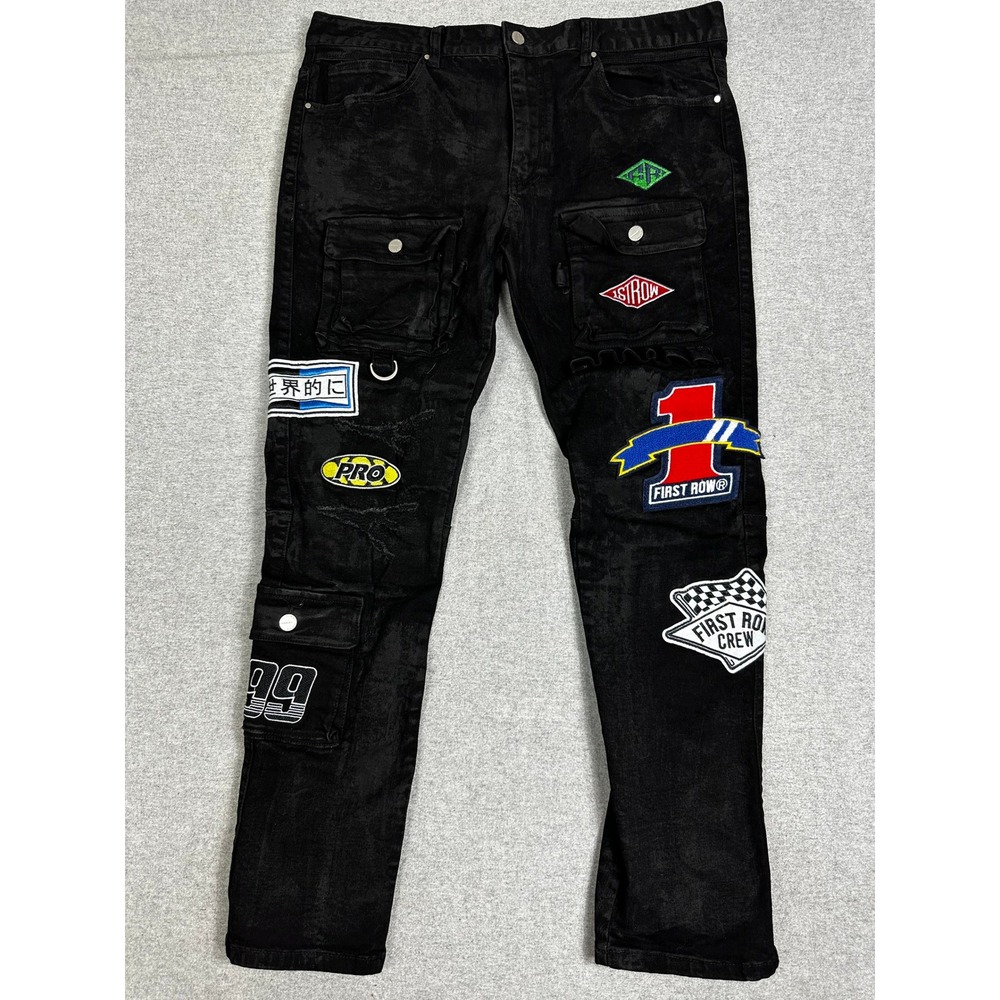 First Row Cargo Jeans Mens 38x32 Black Patchwork Racing Streetwear